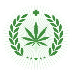 medical marijuana emblem. Green cannabis leaf in laurel wreath with cross on white background