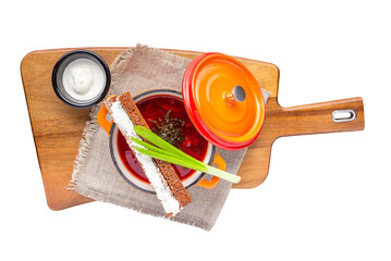 Restaurant service concept. Borsch, a traditional Russian dish. Close-up.