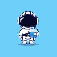 Cute astronaut carrying a jar of water