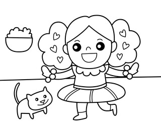 A little girl with nice dress and her cat