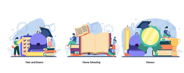 Exam Preparation, Distance education, Achievement icon set. Test and exams, Home Schooling, Honour. Vector flat design isolated concept metaphor illustrations