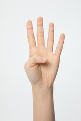 Vertical shot of a hand showing the number four isolated on a white background