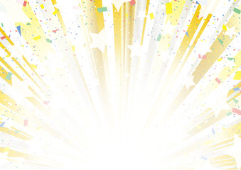 飛び出すスターと紙吹雪 ゴールドのグラデーション集中線