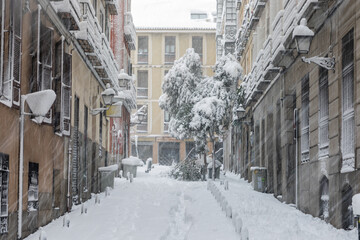 streets and parks of Madrid, covered by snow, due to the storm Philomena of January 2021