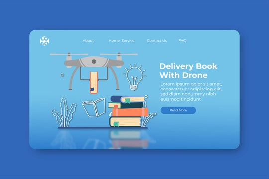 Modern flat design vector illustration. Delivery Book With Drone Landing Page and Web Banner Template. Digital Bookstore, Digital Library, Business Concept, Delivery Service, Online Shop.