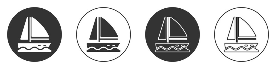 Black Yacht sailboat or sailing ship icon isolated on white background. Sail boat marine cruise travel. Circle button. Vector.