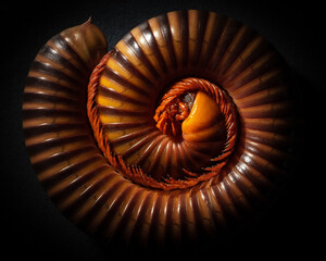 Asian giant millipede(Siamese Pointy Tail Millipede), Round-backed, curled up on black background