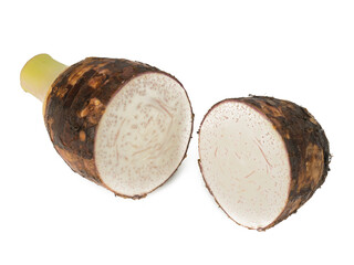 Sweet taro root, Satoimo potatoes or sliced of taro (Yautia Lila) isolated on white background