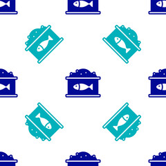 Blue Tin can with caviar icon isolated seamless pattern on white background. Vector.