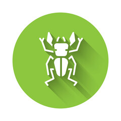 White Beetle deer icon isolated with long shadow. Horned beetle. Big insect. Green circle button. Vector.