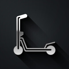 Silver Roller scooter for children icon isolated on black background. Kick scooter or balance bike. Long shadow style. Vector.