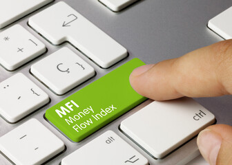 MFI Money Flow Index - Inscription on Green Keyboard Key.