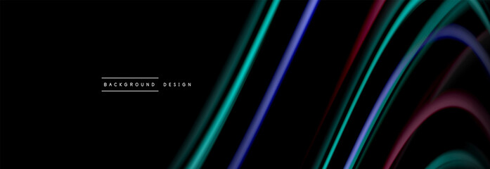 Obraz premium Dynamic motion abstract background. Color blurred stripes on black. Wave liquid lines poster. Vector illustration