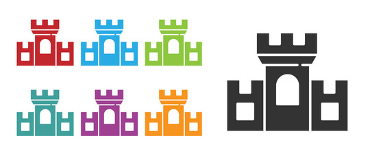 Black Castle icon isolated on white background. Medieval fortress with a tower. Protection from enemies. Reliability and defense of the city. Set icons colorful. Vector.