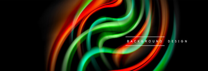 Dynamic motion abstract background. Color blurred stripes on black. Wave liquid lines poster. Vector illustration