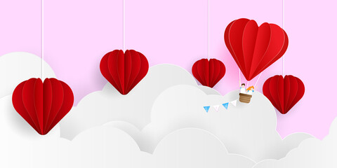 abstract valentines day background, couple with heart shape balloon flying on cloud paper art