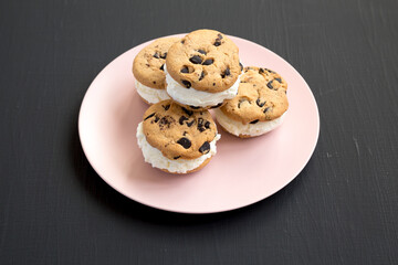 Homemade Chocolate Chip Cookie Ice Cream Sandwich on a pink plate on a black background, side view.
