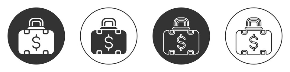 Black Briefcase and money icon isolated on white background. Business case sign. Business portfolio. Circle button. Vector.
