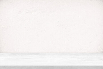 White Wood Table with Raw Concrete Wall Background, Suitable for Product Presentation Backdrop, Display, and Mock up.