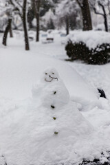Fototapeta na wymiar snowman in the streets of Madrid, covered by snow, due to the storm Philomena of January 2021