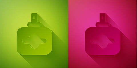Paper cut Perfume icon isolated on green and pink background. Paper art style. Vector.