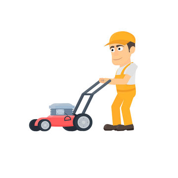 Worker with a lawn mower. Gardener, vector illustration