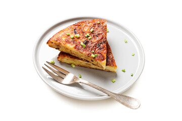 Spanish Tortilla, Pincho de Tortilla. Homemade spanish omelette with potatoes and eggs. isolated on white background	