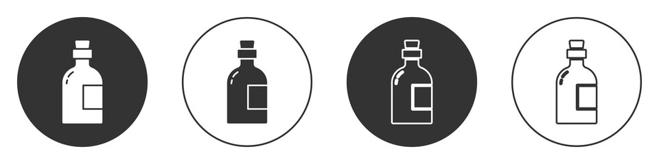 Black Alcohol drink Rum bottle icon isolated on white background. Circle button. Vector.