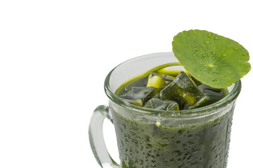 Gotu kola juice, Asiatic Leaf Herb, indian pennywort, centella asiatica, isolated on white background. beverage herbal medicine inhibited or slowed growth of cancer cells Help prevent cancer