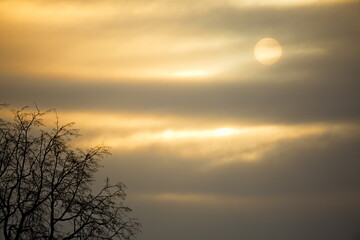 Fototapeta na wymiar Cold sun in the winter cloudy sky.