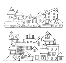 Fototapeta premium Vector City, Town and Countryside Illustration in Linear Style - buildings, skyscraper, church, factory, barn.