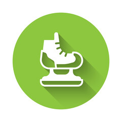 White Skates icon isolated with long shadow. Ice skate shoes icon. Sport boots with blades. Green circle button. Vector.