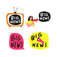 Big news. Set of hand drawn vector icons. Illustrations on white background.