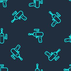 Green line Ray gun icon isolated seamless pattern on blue background. Laser weapon. Space blaster. Vector.