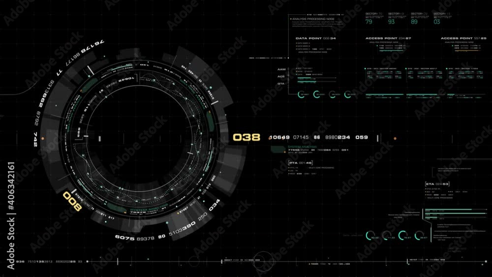 Poster Futuristic motion graphic user interface head up display screen template, digital data telemetry information display with alpha channel for graphic overlay