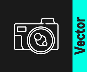 White line Photo camera icon isolated on black background. Foto camera icon. Vector.