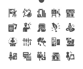 Artistic art studio. Creative artist workplace room. Equipment in a studio canvas, oil paint and brushes. Various creative studios. Vector Solid Icons. Simple Pictogram