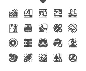 Swimming pool, slippers, swimming flippers, waves, diving mask and surfboard. Activity, sport, game and competition. Vector Solid Icons. Simple Pictogram