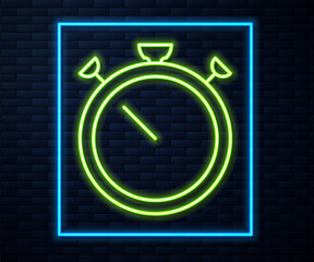Glowing neon line Stopwatch icon isolated on brick wall background. Time timer sign. Chronometer sign. Vector.