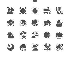 Weather forecast. Sky clarity and precipitation. Seasonal weather forecast, meteorological report. Cloudy, snow, rain, tornado and cyclone. Vector Solid Icons. Simple Pictogram