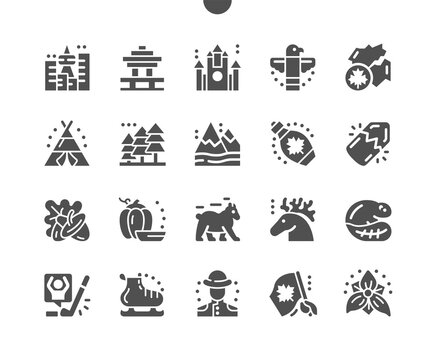 Canada. Symbol of Ontario trillium. Canadian flag. Mountains, acorn, wigwam, skates, totem, vancouver, beaver and bear. RCMP officer. Vector Solid Icons. Simple Pictogram