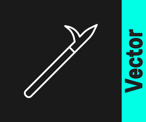White line Metal pike pole with wooden handle icon isolated on black background. Spear, pickaxe, hook hand extinguishing instrument and tool for fireman. Vector.