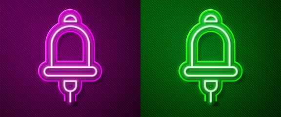 Glowing neon line Ringing alarm bell icon isolated on purple and green background. Fire alarm system. Service bell, handbell sign, notification symbol. Vector.