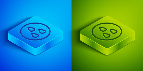 Isometric line Water drop icon isolated on blue and green background. Square button. Vector.