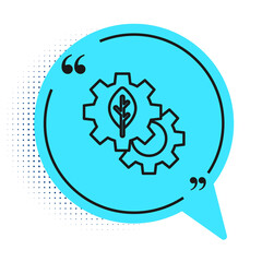 Black line Leaf plant ecology in gear machine icon isolated on white background. Eco friendly technology. World Environment day label. Blue speech bubble symbol. Vector.