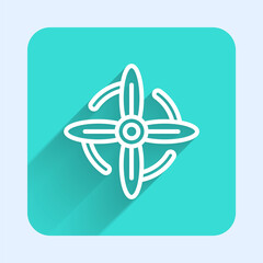 White line Wind turbine icon isolated with long shadow. Wind generator sign. Windmill for electric power production. Green square button. Vector.