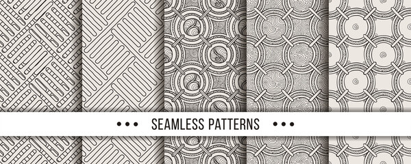 Set of strict, minimalistic seamless patterns. Collection for coloring pages, tectile prints, decor, design. Vector illustrations