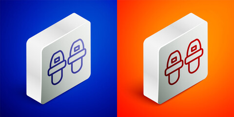 Isometric line Hotel slippers icon isolated on blue and orange background. Flip flops sign. Silver square button. Vector.