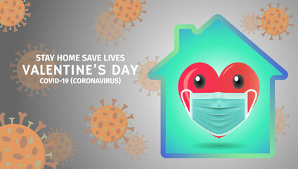 Heart in protective mask, Staying at home with self quarantine to help slow outbreak and protect virus spread, Valentines day concept and Covid-19.