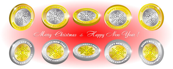 3D set of bimetallic silver gold coins or tokens with the inscriptions Merry Christmas, Happy New Year. Snowflake and bright highlights. EPS10